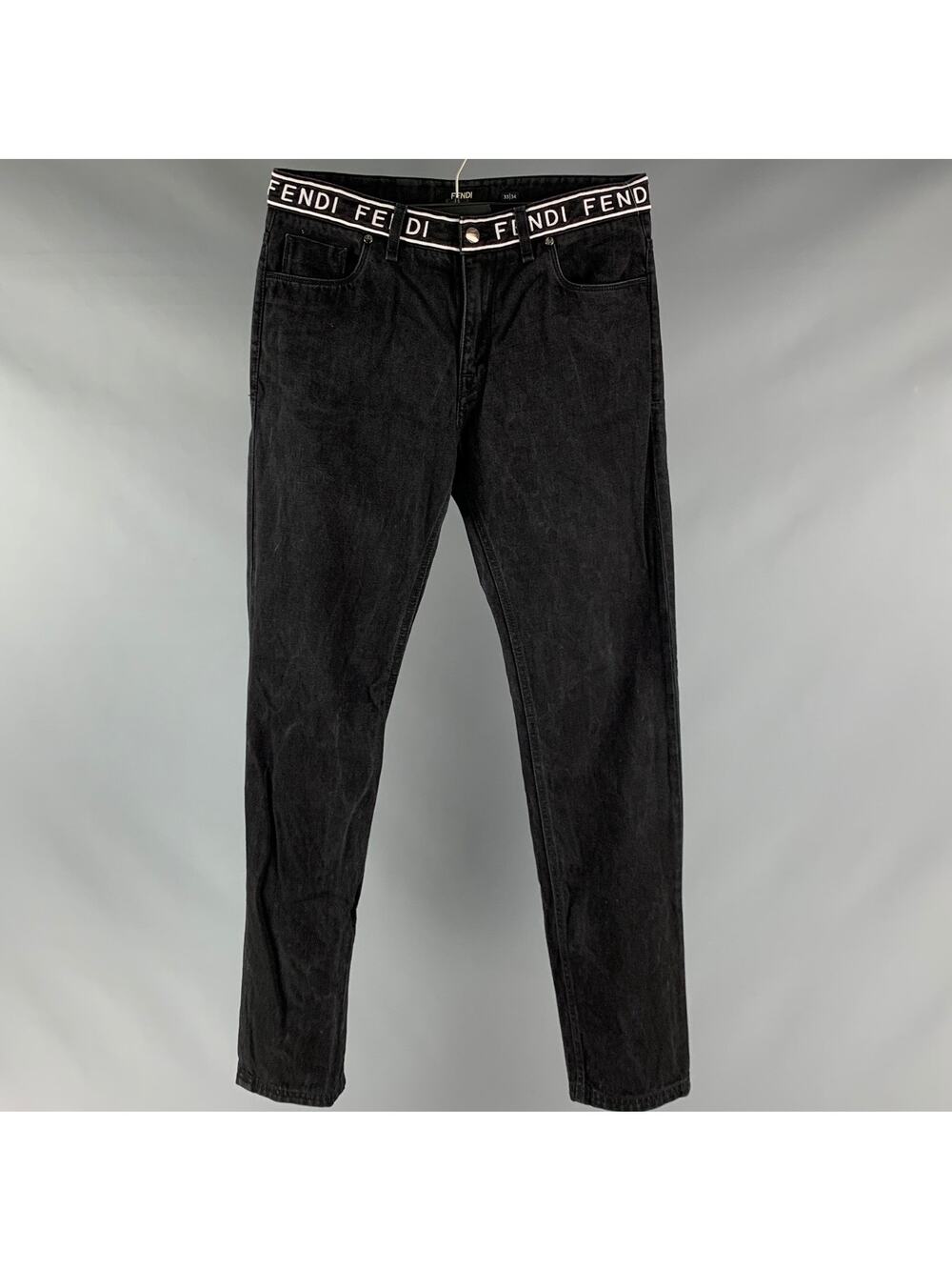 FENDI Size 33 Black White Logo Cotton Zip Fly Jeans